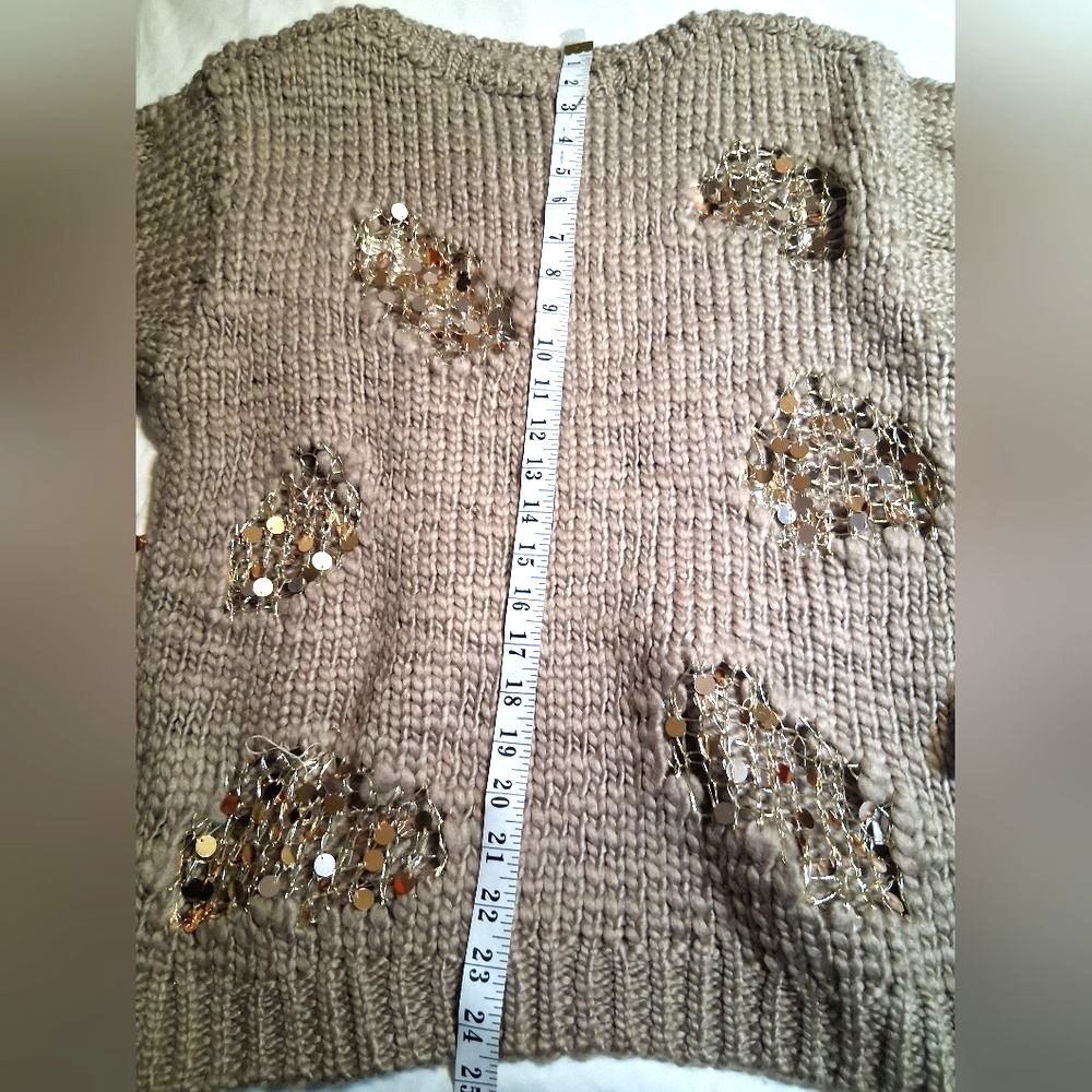 ZARA Mink Limited Edition Chunky Knit Sequin Distressed Sweater Taupe  Medium - Picture 4 of 9